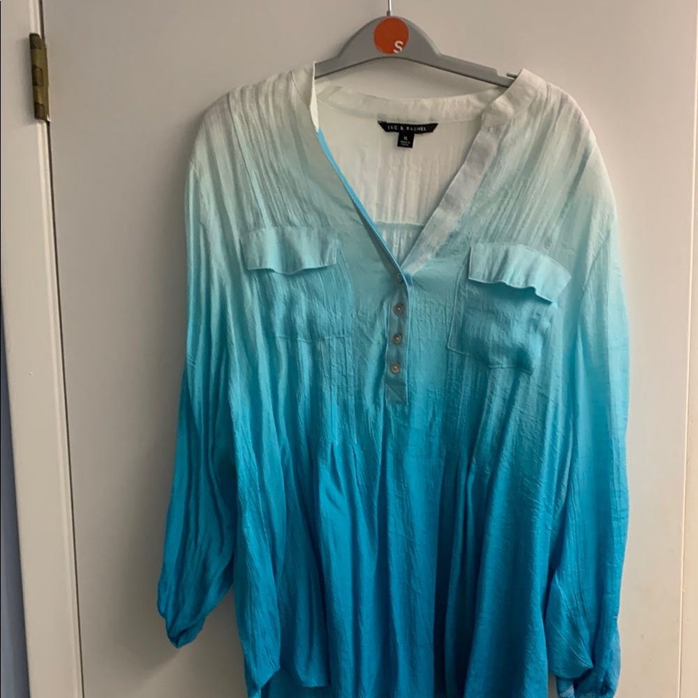 Zac & Rachel White and Blue Pleated 3/4 Sleeve Blouse
